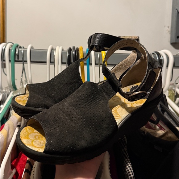 FLY London Black Peep-Toe Wedges - Picture 3 of 4